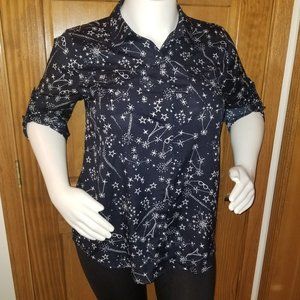 Karl Lagerfeld Paris Astronomy Print Navy Button-down Blouse